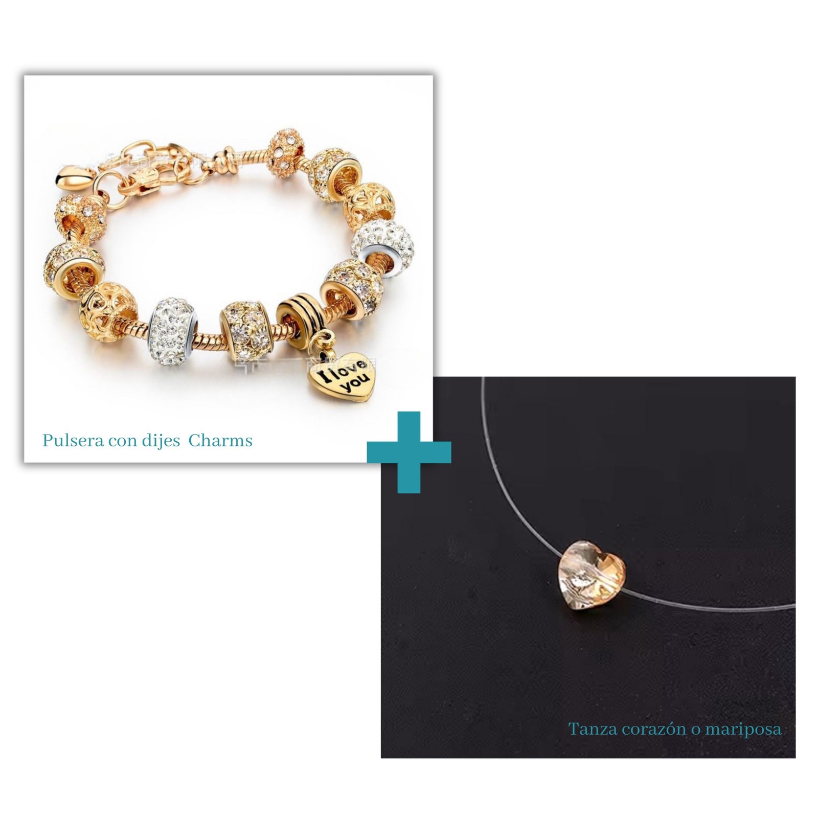 Pulseras con dijes Charms + Tanza corazón de cristal