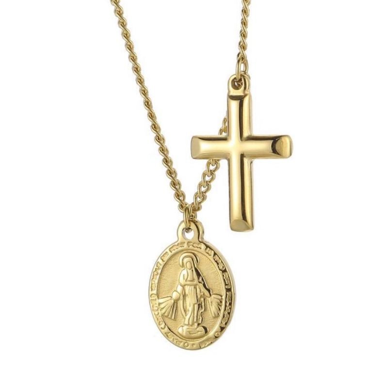 Cadena con virgencita milagrosa y cruz de Acero estilo Oro 18 k
